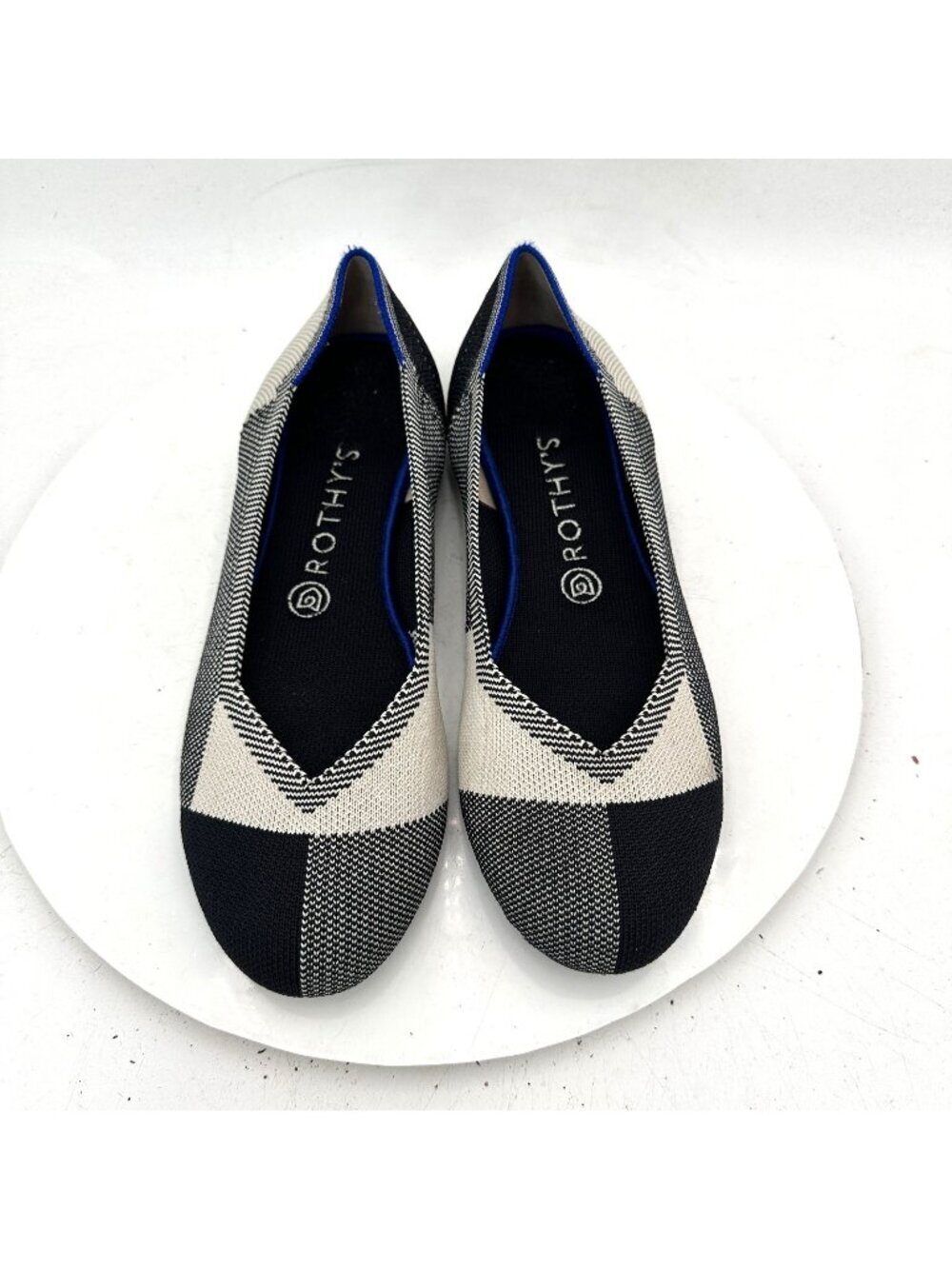 Rothy's The Flat Captoe Women Size 9.5 Black Cream Plaid Round Toe Comfort Shoes